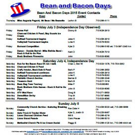 Printable Contacts List for all 2015 Bean and Bacon Days Events